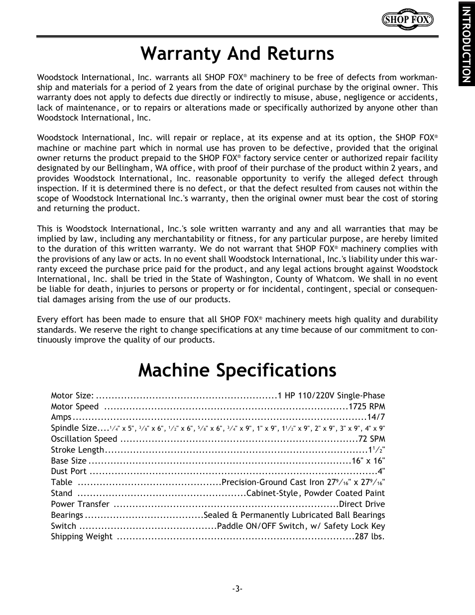 Warranty and returns, Machine specifications, Introduction | Woodstock SHOP FOX W1686 User Manual | Page 5 / 38