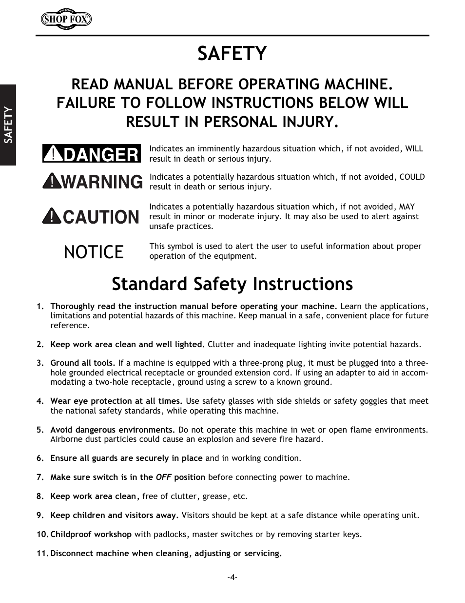 Safety, Standard safety instructions, Notice | Woodstock SHOP FOX W1686 User Manual | Page 6 / 38