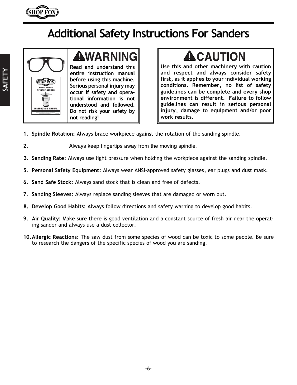 Additional safety instructions for sanders, Safety | Woodstock SHOP FOX W1686 User Manual | Page 8 / 38