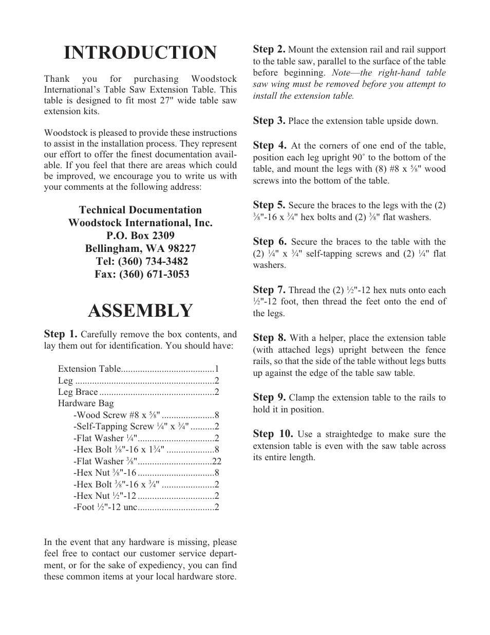 Introduction assembly, Step 2, Step 3 | Step 4, Step 5, Step 6, Step 7, Step 8, Step 9, Step 10 | Woodstock D3108 User Manual | Page 2 / 4