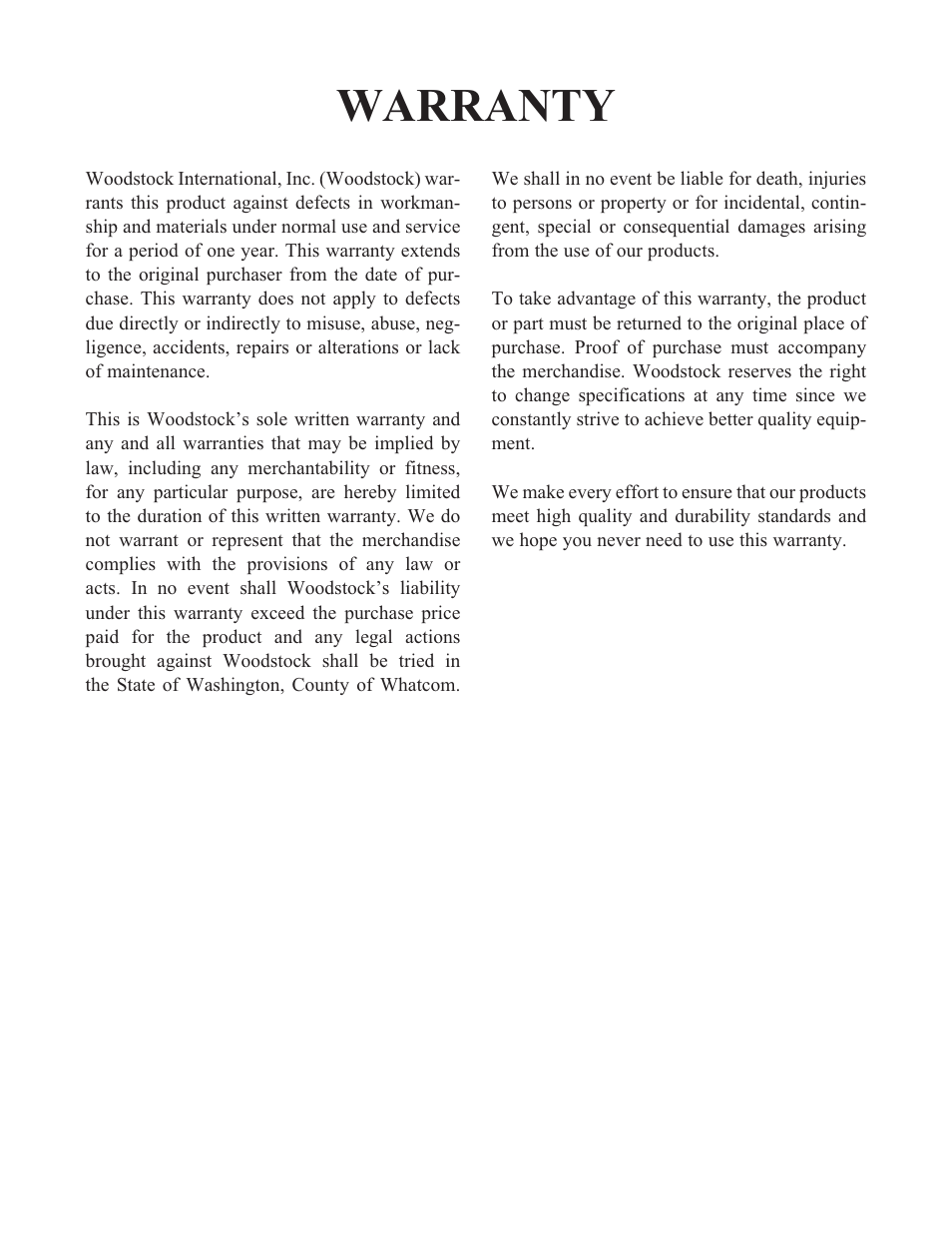 Warranty | Woodstock D3108 User Manual | Page 4 / 4