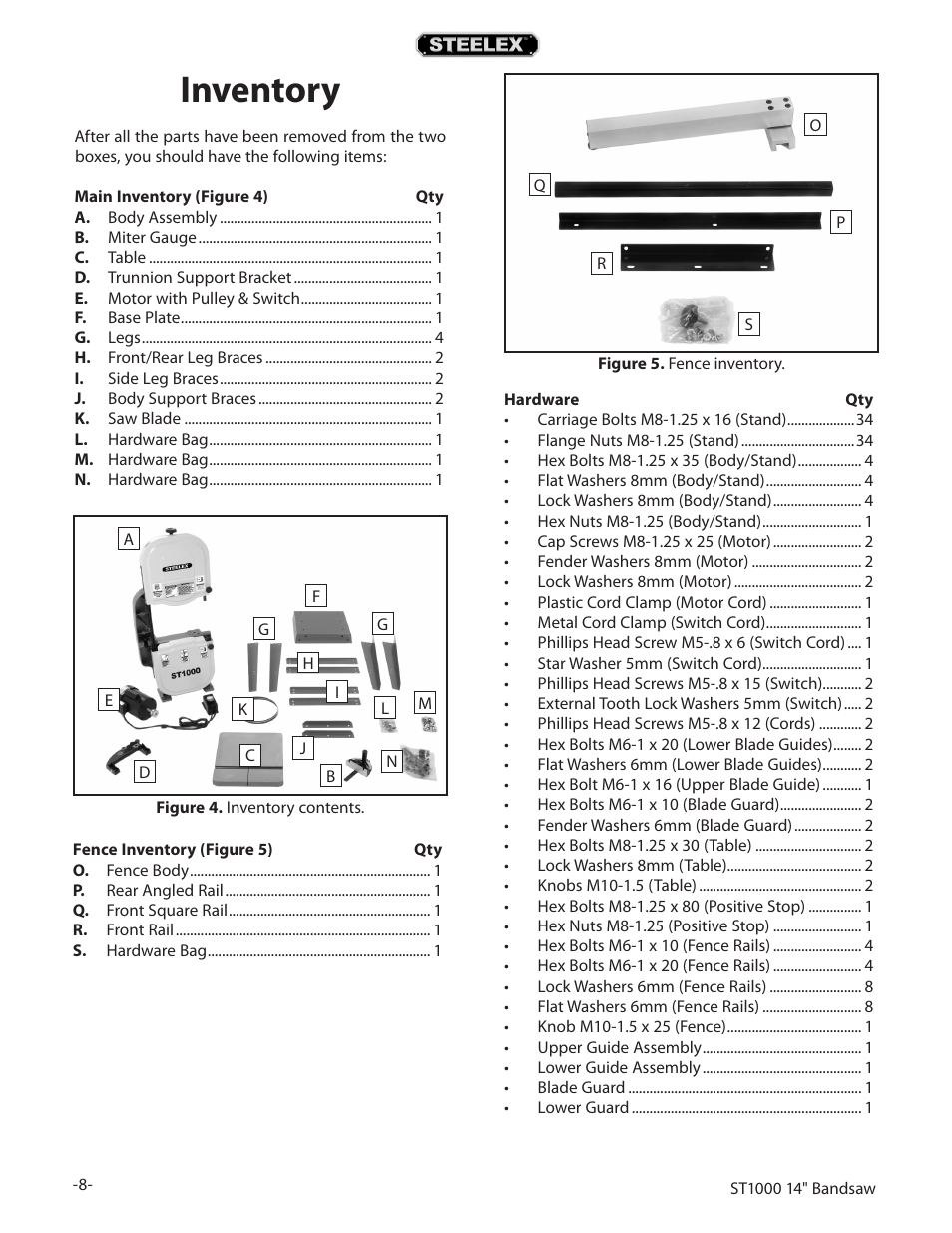 Inventory | Woodstock STEELEX ST1000 User Manual | Page 10 / 52