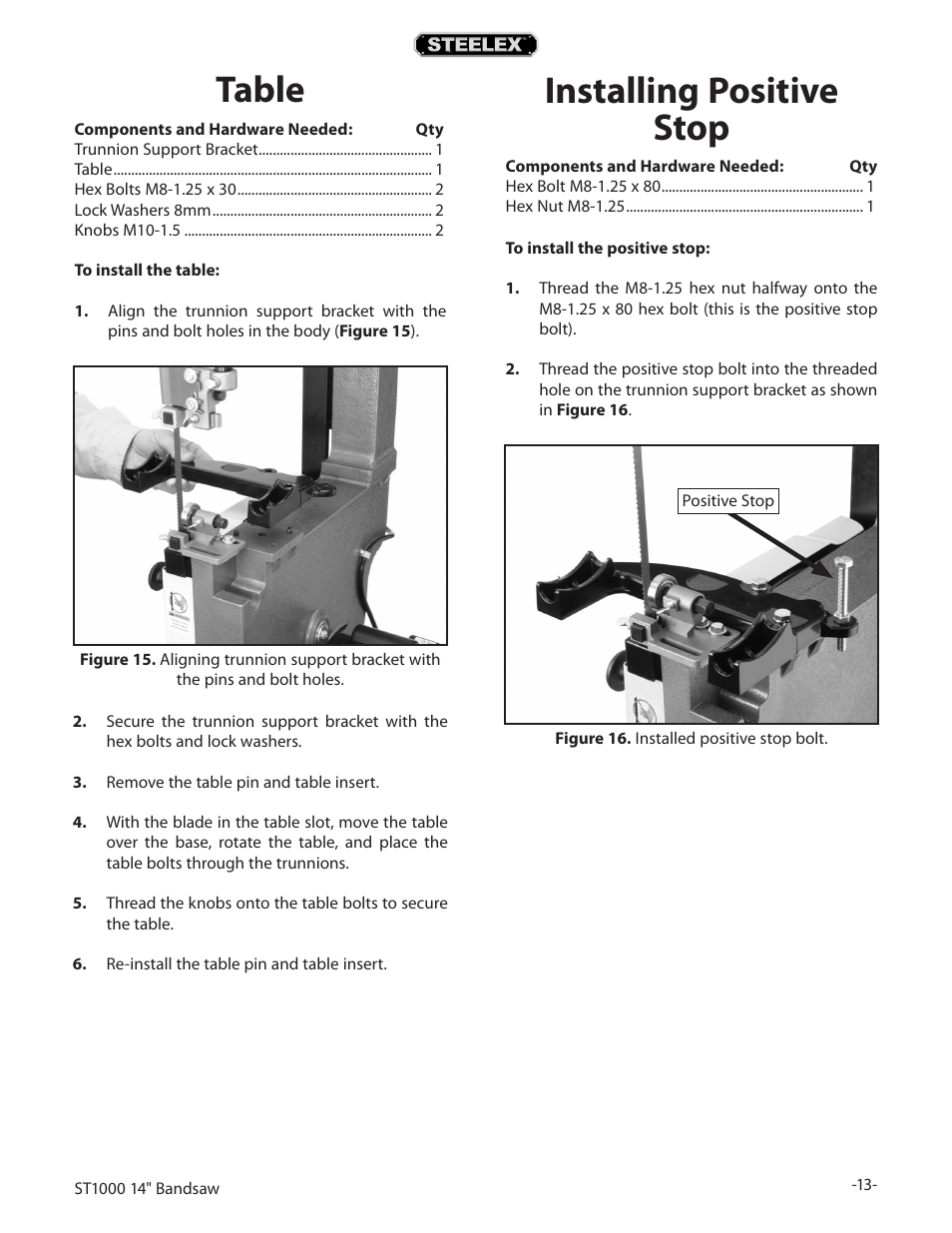 Installing positive stop, Table | Woodstock STEELEX ST1000 User Manual | Page 15 / 52