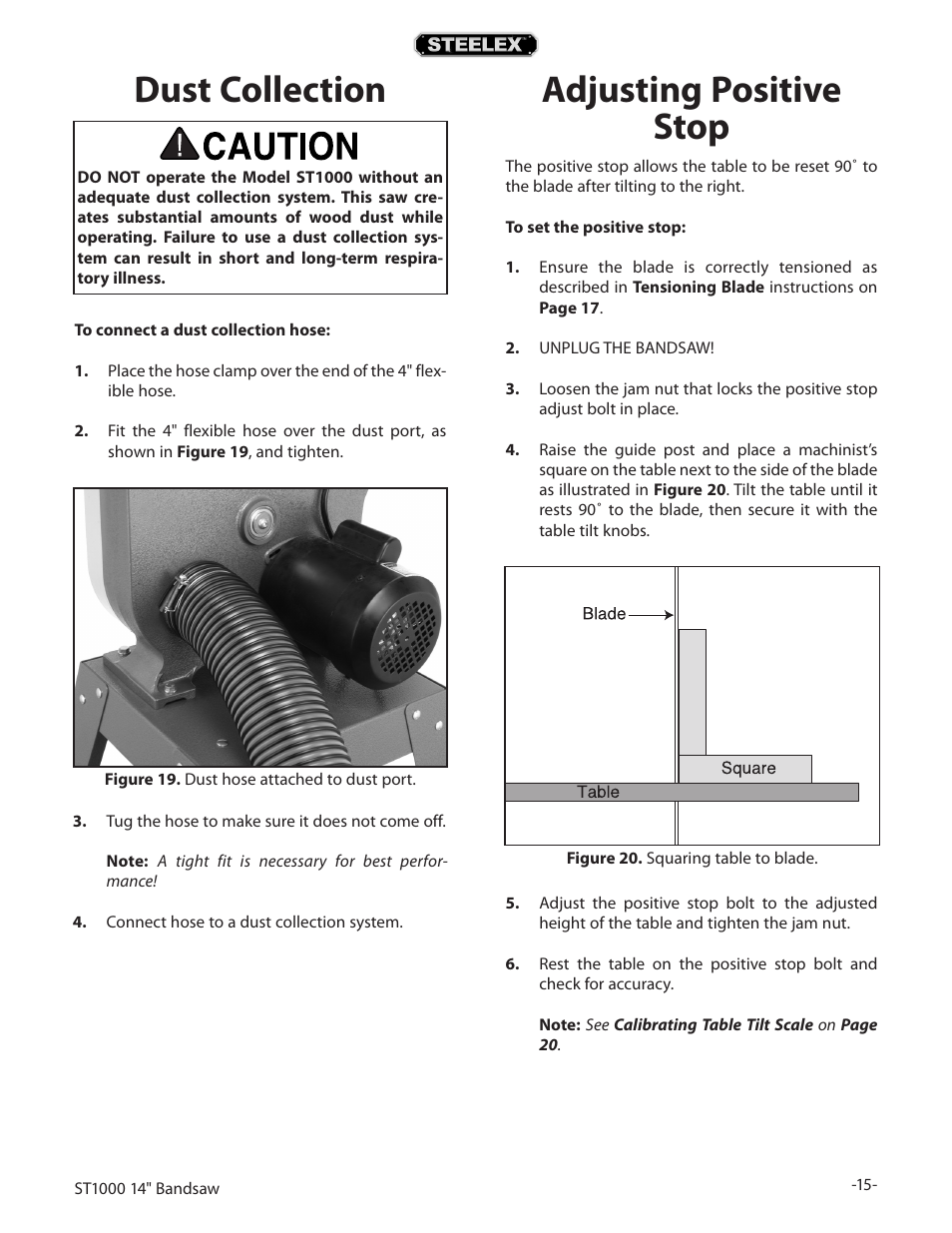 Dust collection, Adjusting positive stop | Woodstock STEELEX ST1000 User Manual | Page 17 / 52