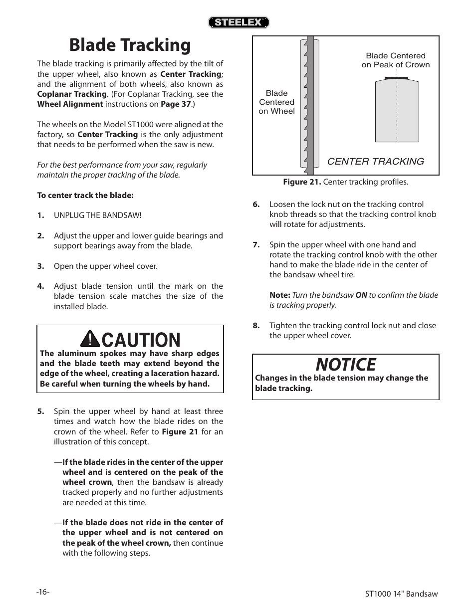 Notice, Blade tracking | Woodstock STEELEX ST1000 User Manual | Page 18 / 52