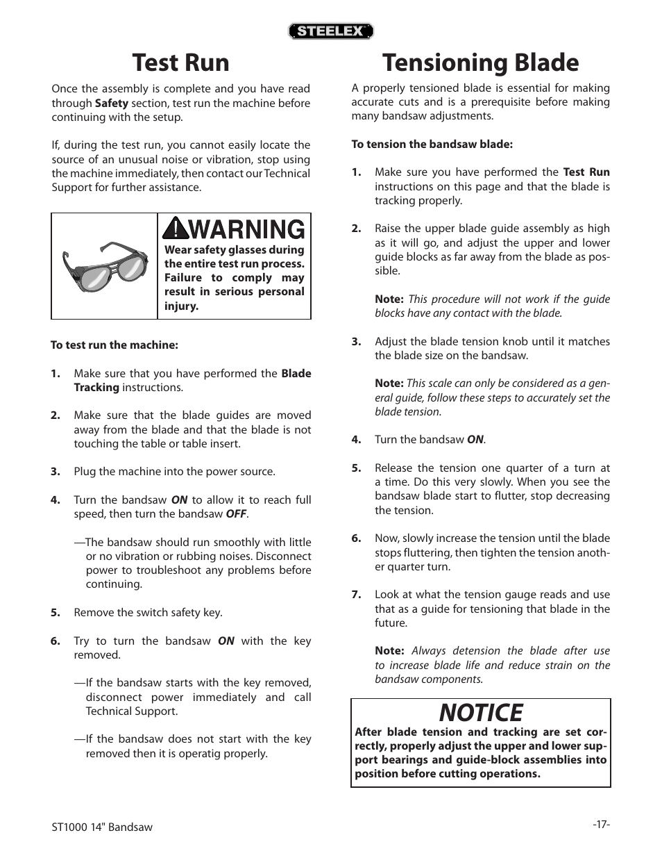 Test run, Tensioning blade, Notice | Woodstock STEELEX ST1000 User Manual | Page 19 / 52