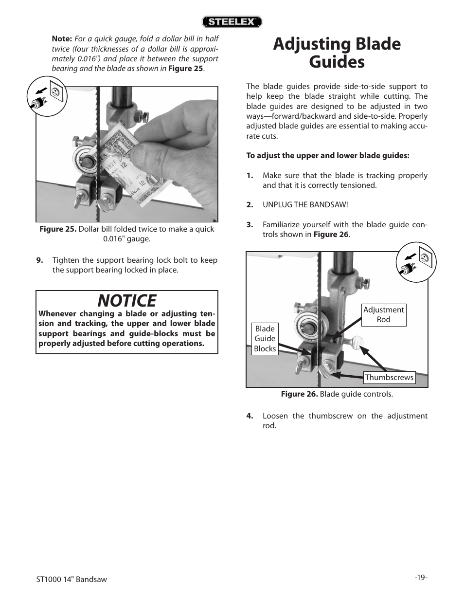 Notice, Adjusting blade guides | Woodstock STEELEX ST1000 User Manual | Page 21 / 52