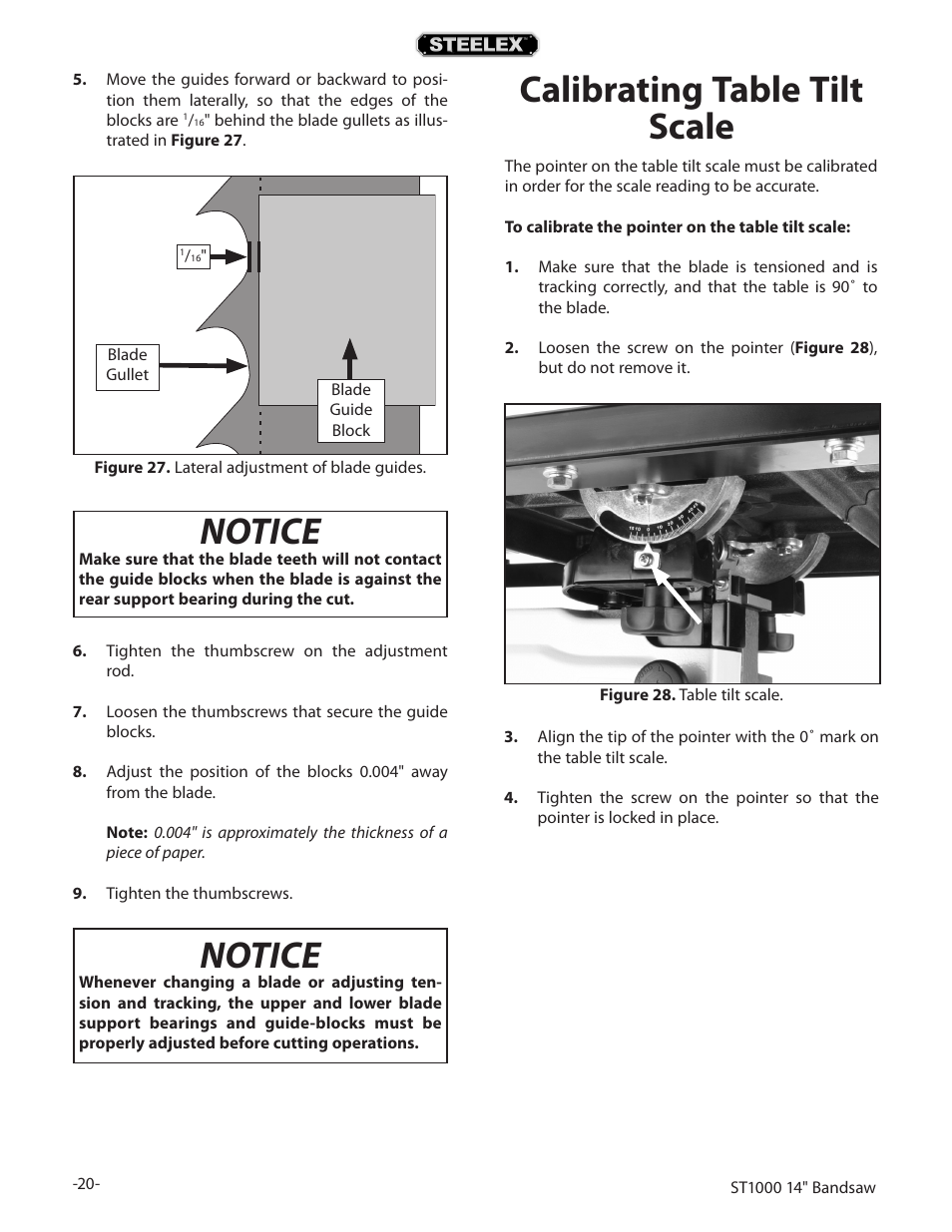 Calibrating table tilt scale, Notice | Woodstock STEELEX ST1000 User Manual | Page 22 / 52