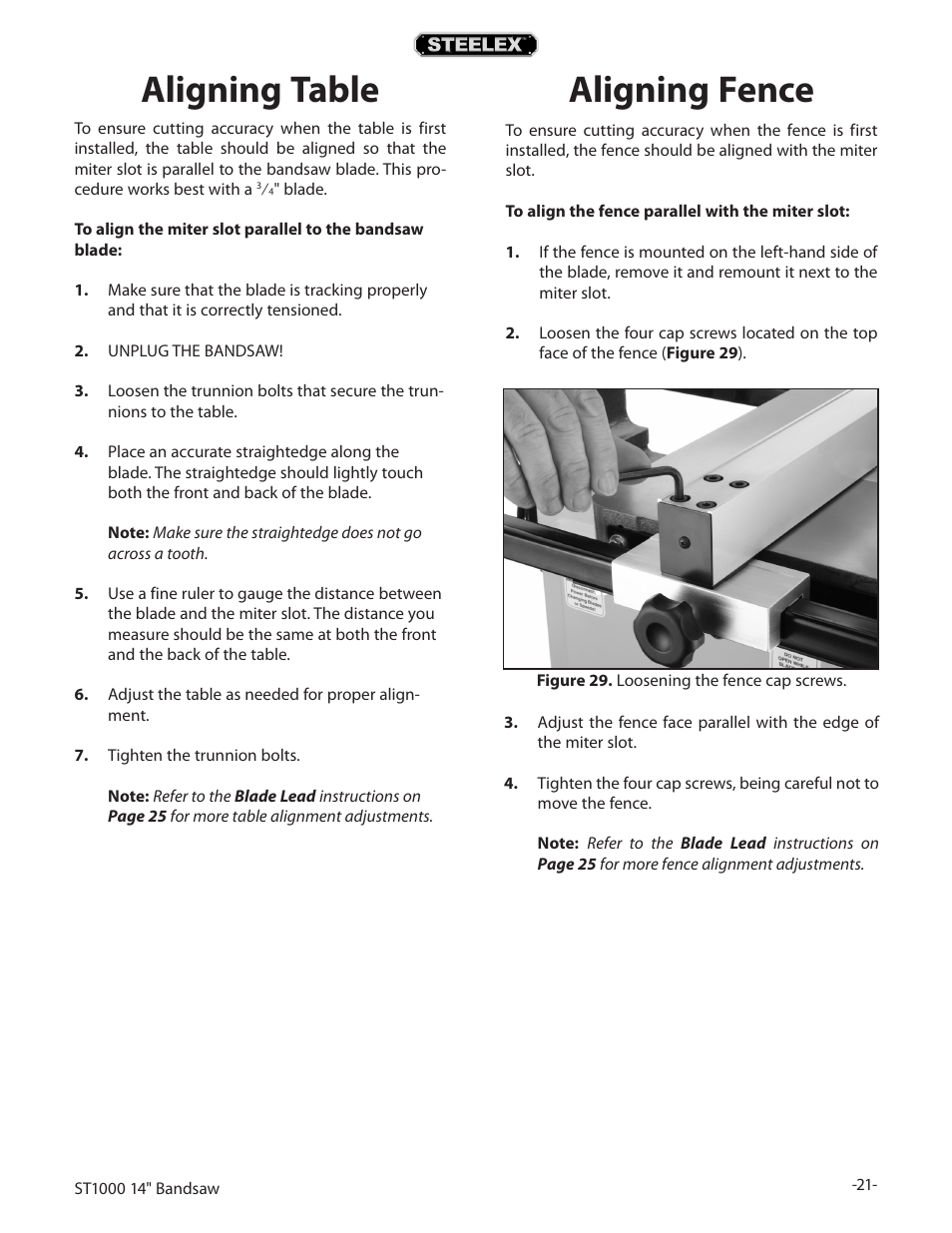 Aligning table, Aligning fence | Woodstock STEELEX ST1000 User Manual | Page 23 / 52