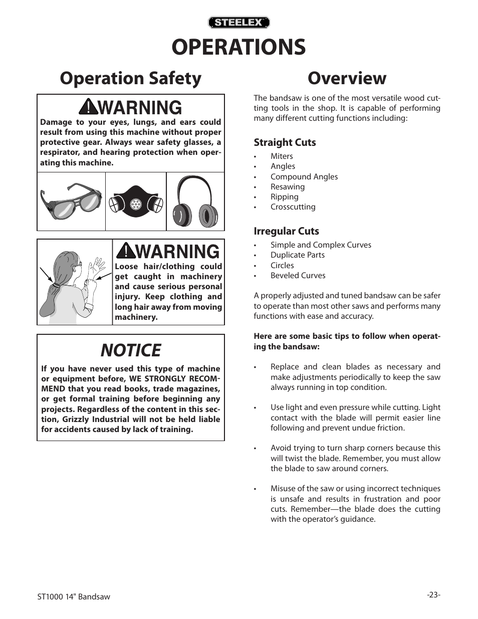 Operations, Operation safety, Notice | Overview | Woodstock STEELEX ST1000 User Manual | Page 25 / 52