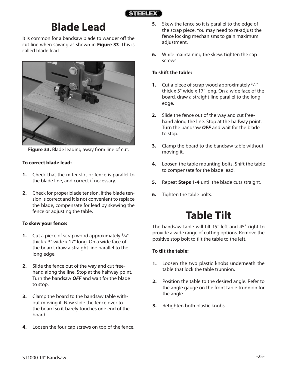 Blade lead, Table tilt | Woodstock STEELEX ST1000 User Manual | Page 27 / 52