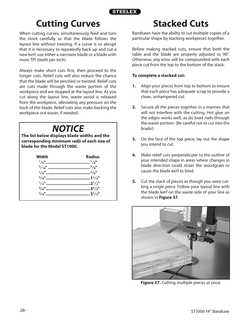 Stacked cuts, Cutting curves, Notice | Woodstock STEELEX ST1000 User Manual | Page 30 / 52