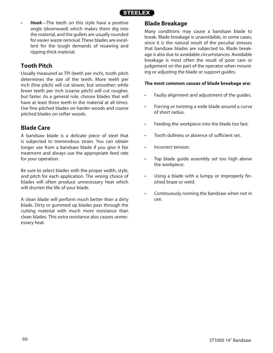 Tooth pitch, Blade care, Blade breakage | Woodstock STEELEX ST1000 User Manual | Page 32 / 52