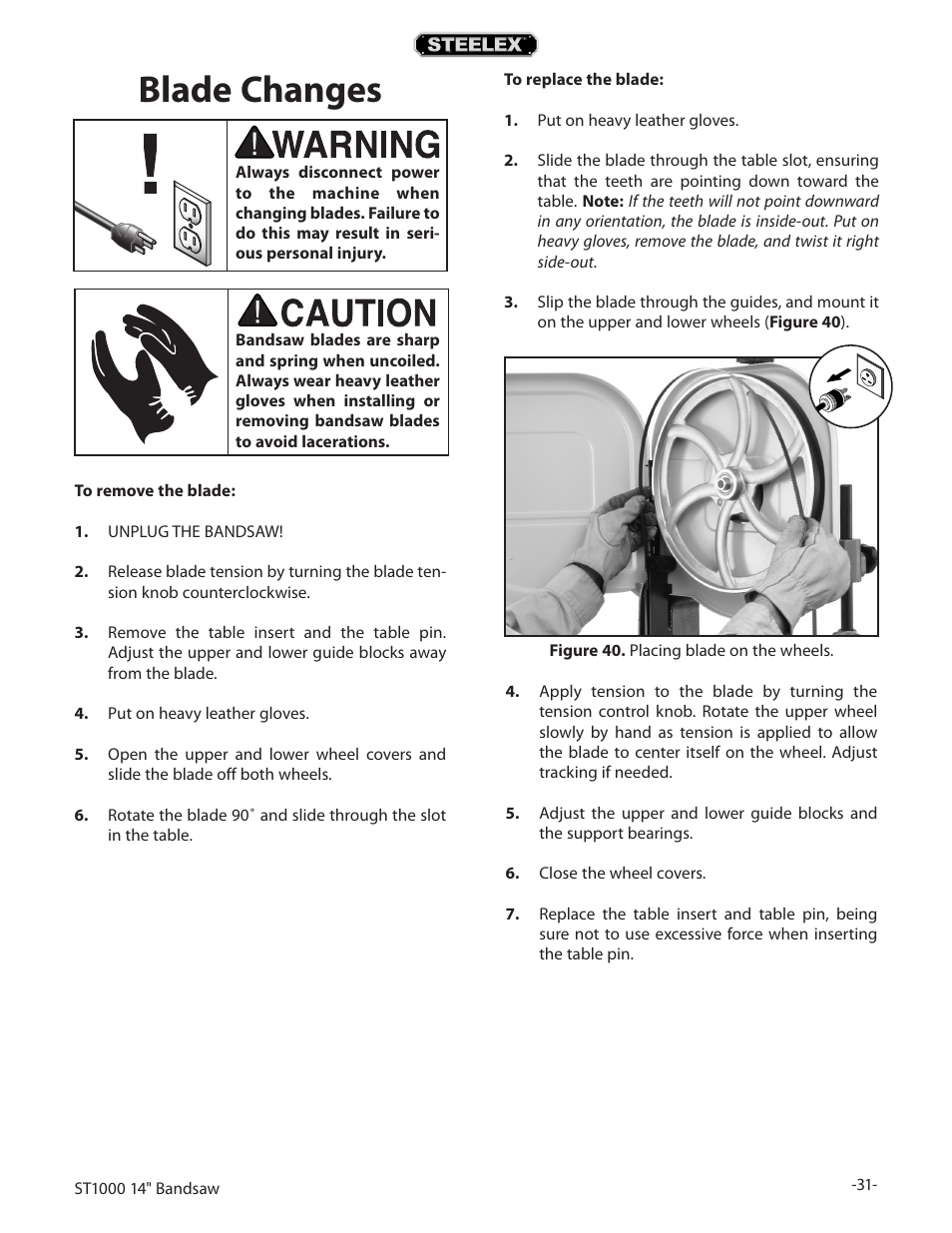 Blade changes | Woodstock STEELEX ST1000 User Manual | Page 33 / 52