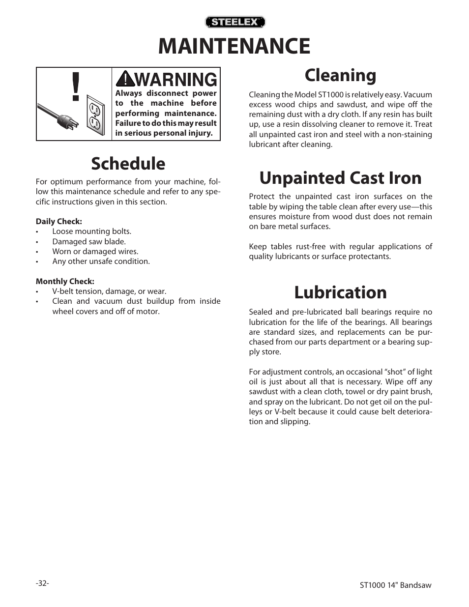 Maintenance, Lubrication, Cleaning | Unpainted cast iron, Schedule | Woodstock STEELEX ST1000 User Manual | Page 34 / 52