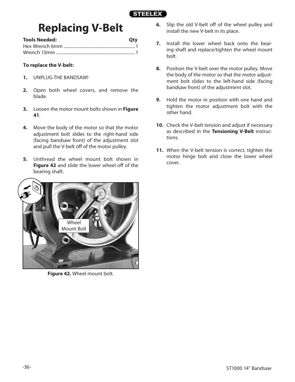 Replacing v-belt | Woodstock STEELEX ST1000 User Manual | Page 38 / 52