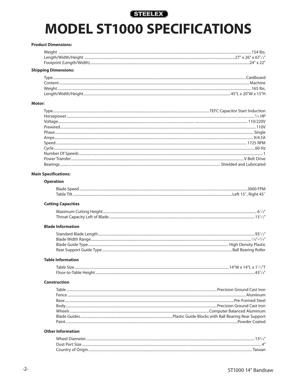 Model st1000 specifications | Woodstock STEELEX ST1000 User Manual | Page 4 / 52