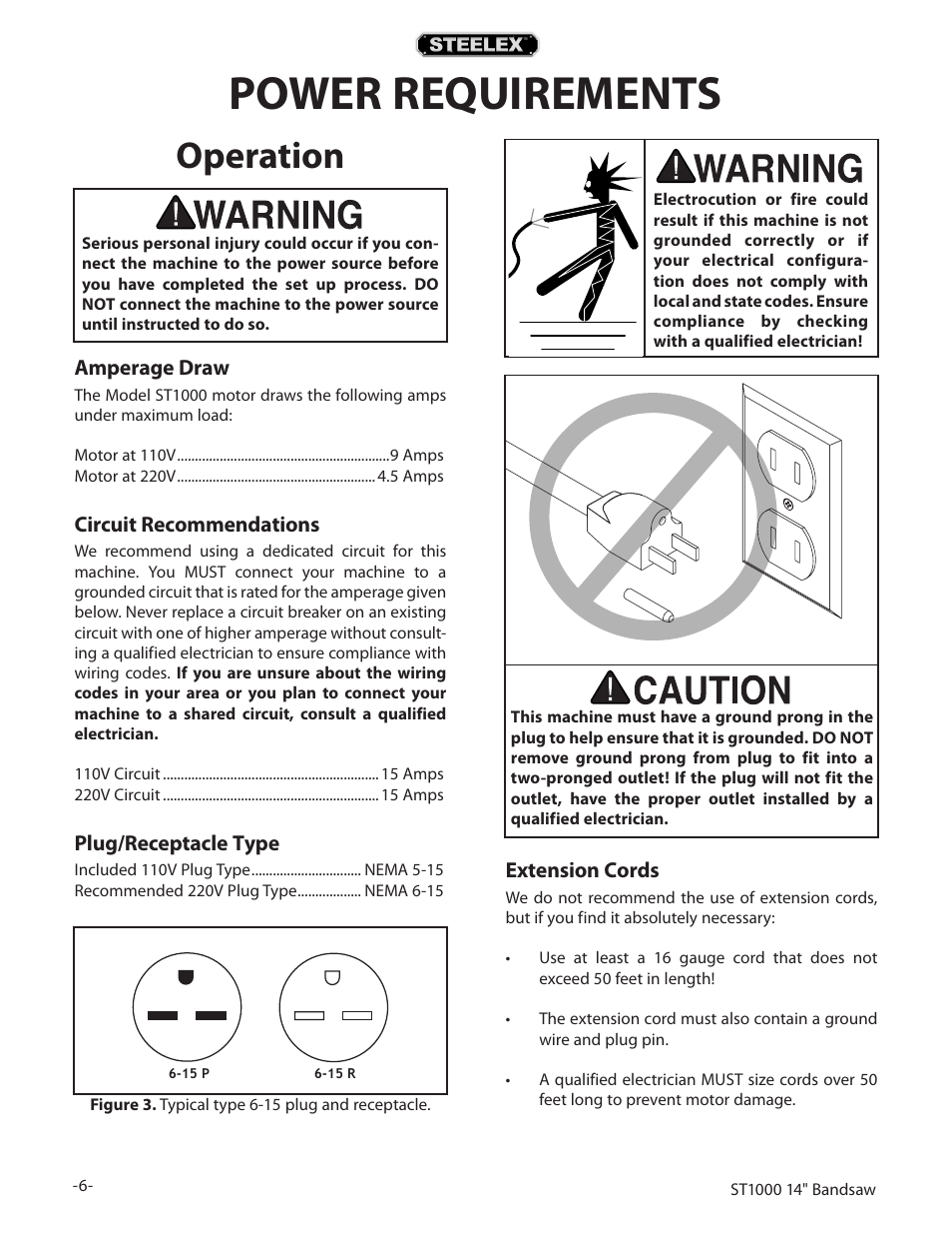 Power requirements, Operation | Woodstock STEELEX ST1000 User Manual | Page 8 / 52