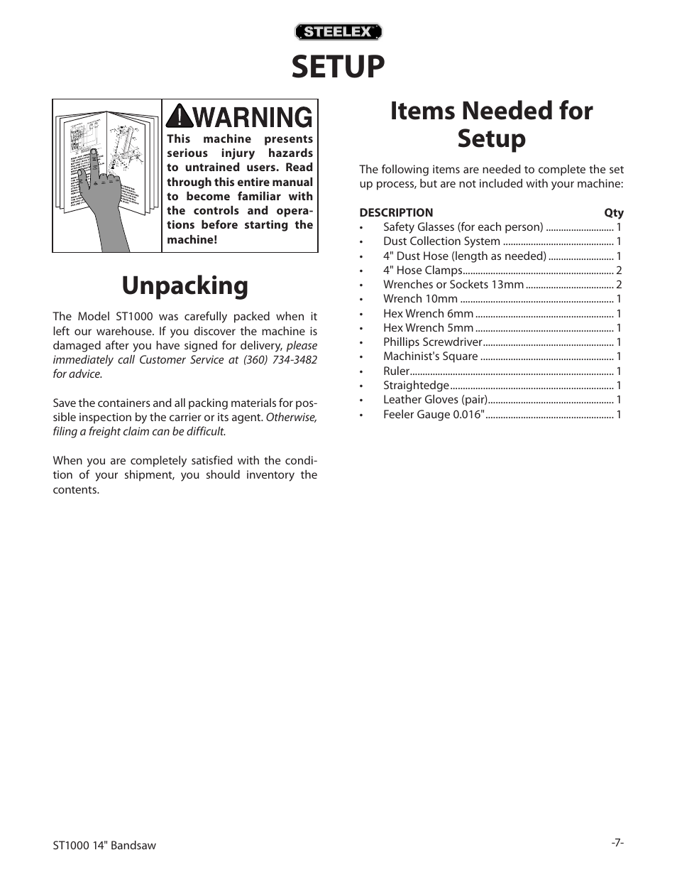 Setup, Unpacking, Items needed for setup | Woodstock STEELEX ST1000 User Manual | Page 9 / 52