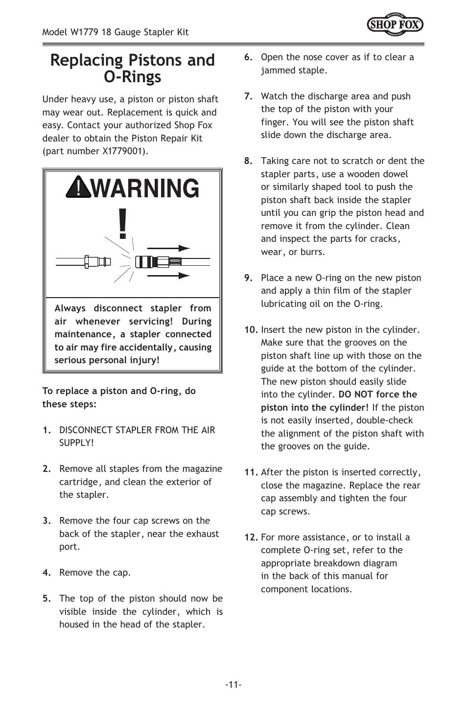 Replacing pistons and o-rings | Woodstock 18 GAUGE STAPLER KIT W1779 User Manual | Page 13 / 20