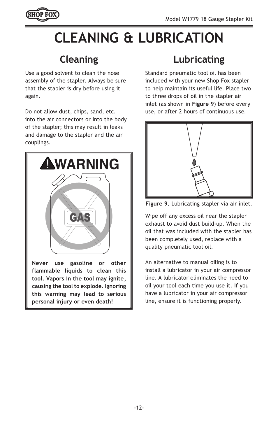 Cleaning & lubrication, Cleaning, Lubricating | Woodstock 18 GAUGE STAPLER KIT W1779 User Manual | Page 14 / 20