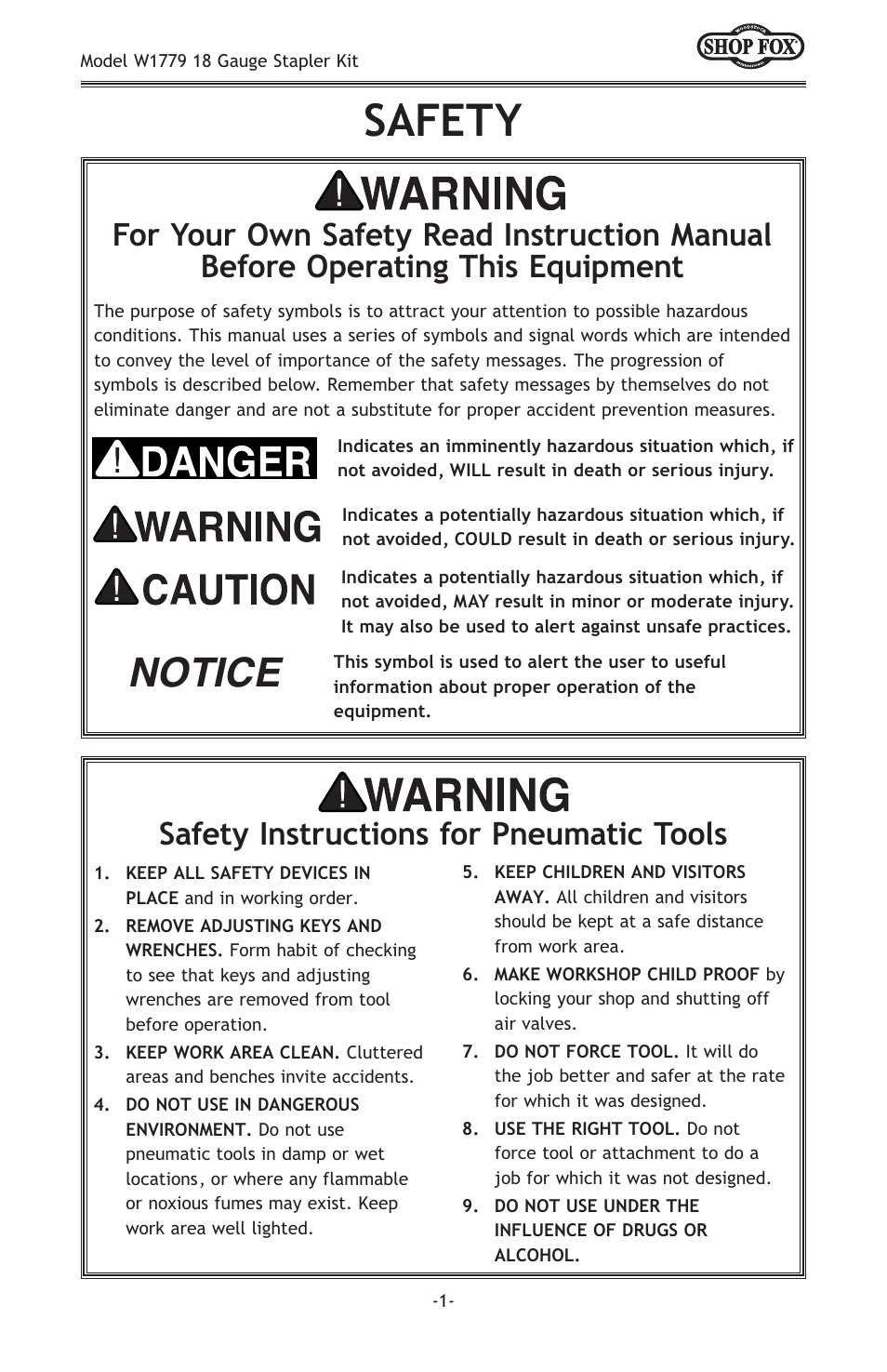 Safety, Notice, Safety instructions for pneumatic tools | Woodstock 18 GAUGE STAPLER KIT W1779 User Manual | Page 3 / 20