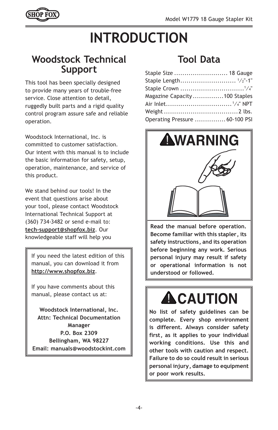 Introduction, Woodstock technical support tool data | Woodstock 18 GAUGE STAPLER KIT W1779 User Manual | Page 6 / 20