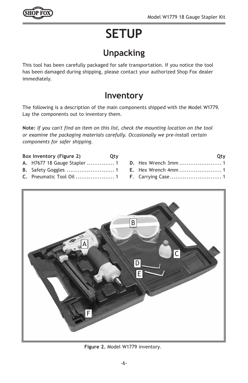 Setup, Inventory, Unpacking | Woodstock 18 GAUGE STAPLER KIT W1779 User Manual | Page 8 / 20