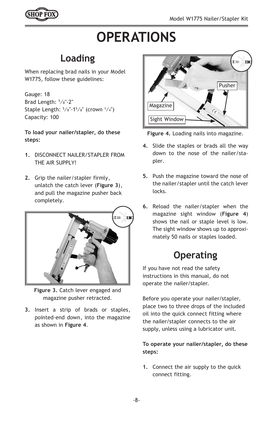 Operations, Loading, Operating | Woodstock NAILER/STAPLER KIT W1775 User Manual | Page 10 / 20