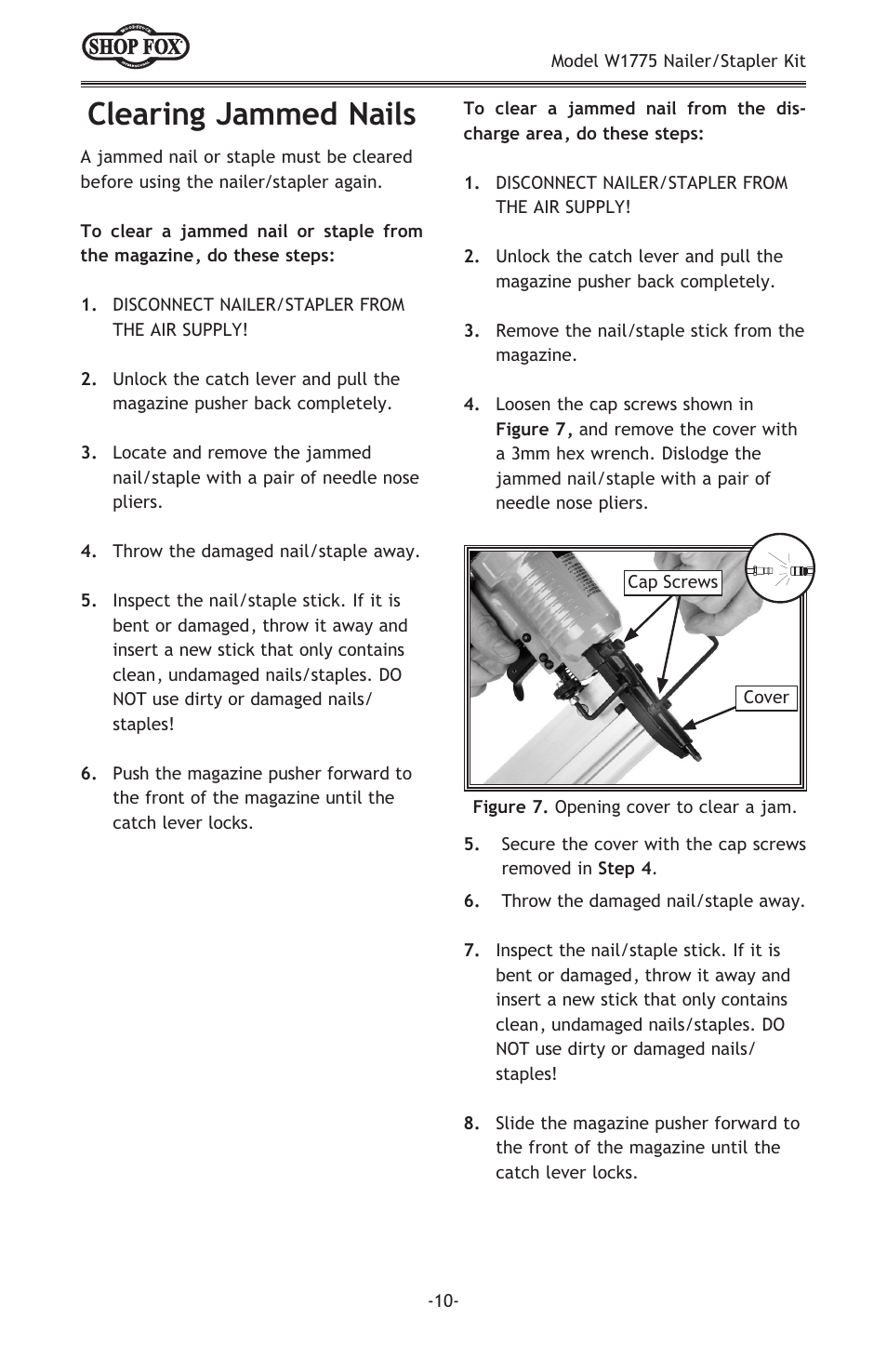 Clearing jammed nails | Woodstock NAILER/STAPLER KIT W1775 User Manual | Page 12 / 20