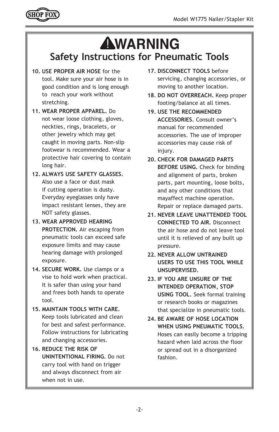 Safety instructions for pneumatic tools | Woodstock NAILER/STAPLER KIT W1775 User Manual | Page 4 / 20