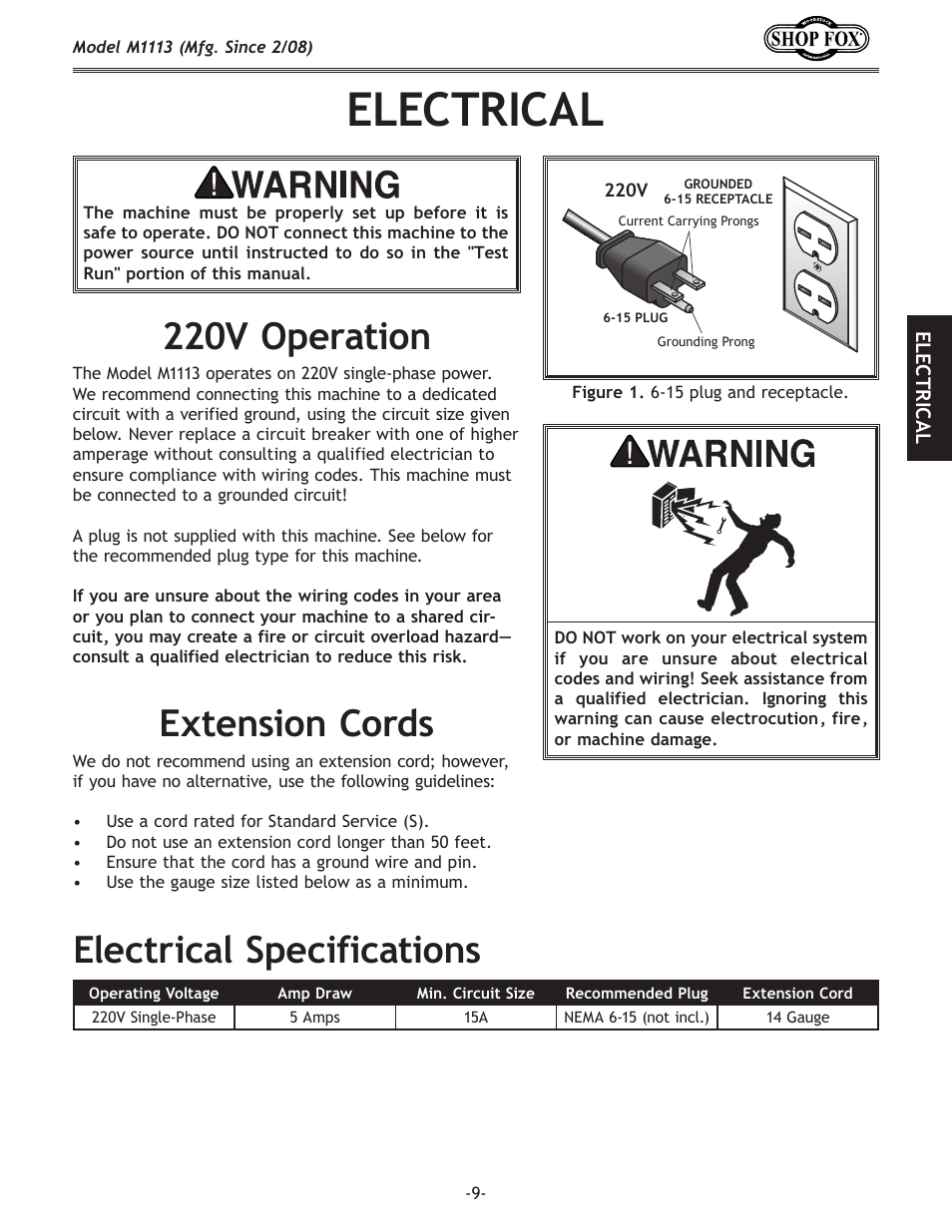 Electrical, 220v.operation, Extension.cords | Electrical.specifications | Woodstock SHOP FOX M1113 User Manual | Page 11 / 60