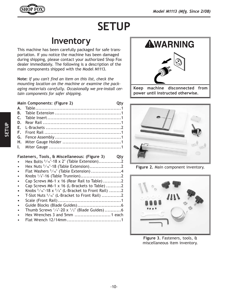 Setup, Inventory, Se tu p | Woodstock SHOP FOX M1113 User Manual | Page 12 / 60