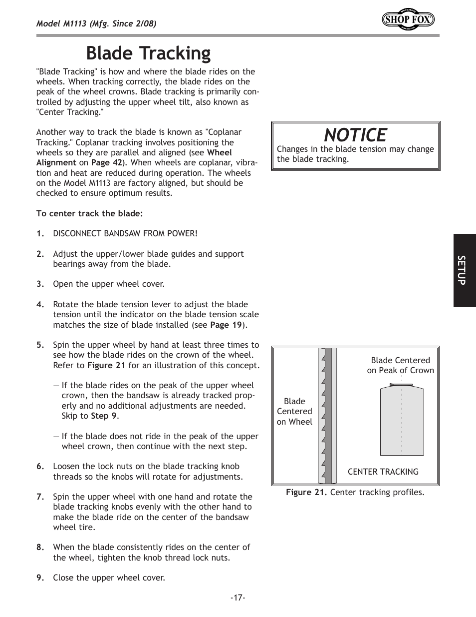 Blade.tracking, Notice | Woodstock SHOP FOX M1113 User Manual | Page 19 / 60