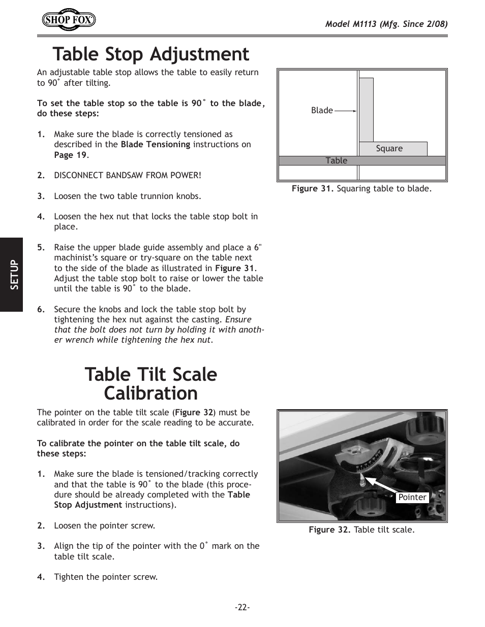 Table.stop.adjustment, Table.tilt.scale. calibration | Woodstock SHOP FOX M1113 User Manual | Page 24 / 60