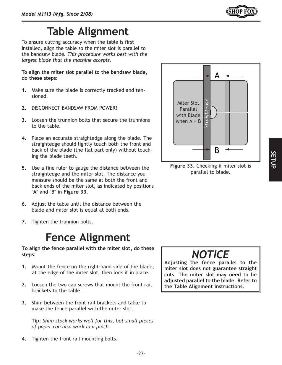 Table.alignment, Fence.alignment notice | Woodstock SHOP FOX M1113 User Manual | Page 25 / 60