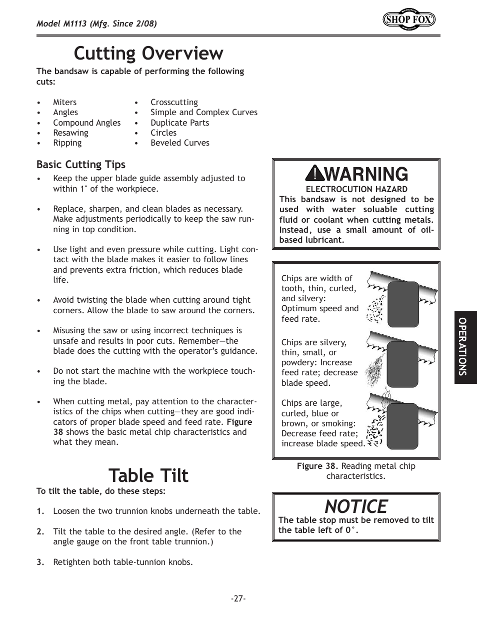 Cutting.overview, Table.tilt, Notice | Woodstock SHOP FOX M1113 User Manual | Page 29 / 60