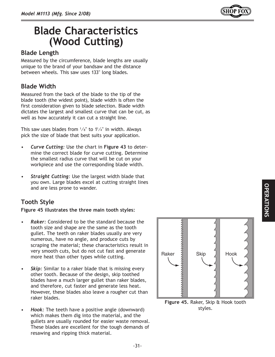 Blade.characteristics. (wood.cutting), Blade.length, Blade.width | Tooth.style | Woodstock SHOP FOX M1113 User Manual | Page 33 / 60