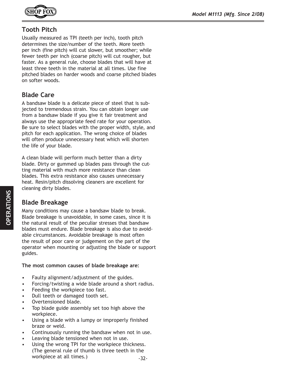 Tooth.pitch, Blade.care, Blade.breakage | Woodstock SHOP FOX M1113 User Manual | Page 34 / 60