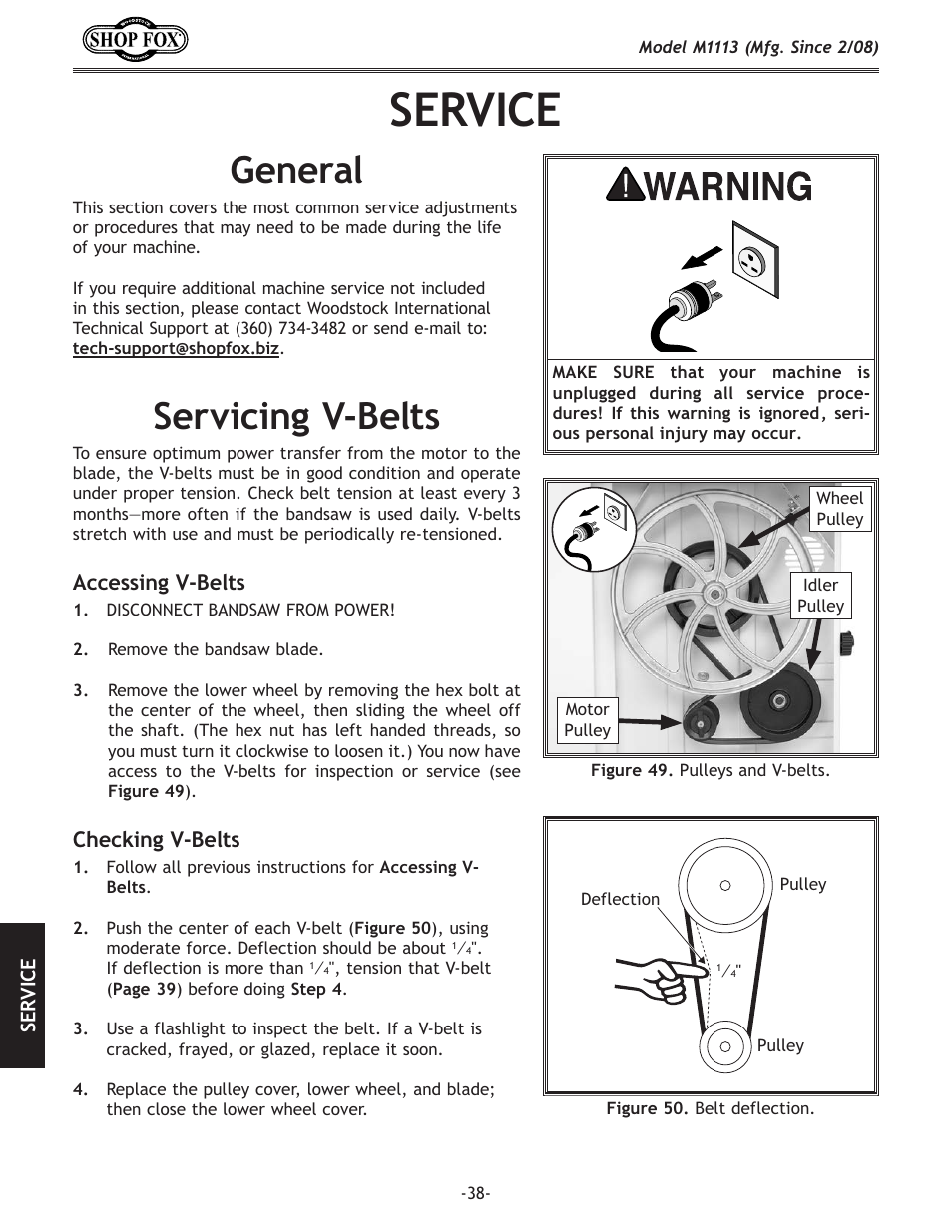 Service, General, Servicing.v-belts | Woodstock SHOP FOX M1113 User Manual | Page 40 / 60