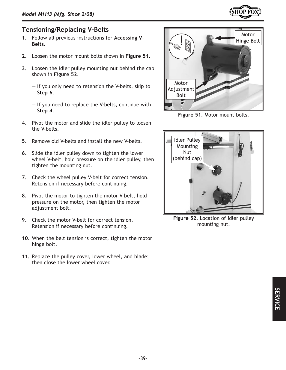 Tensioning/replacing.v-belts | Woodstock SHOP FOX M1113 User Manual | Page 41 / 60