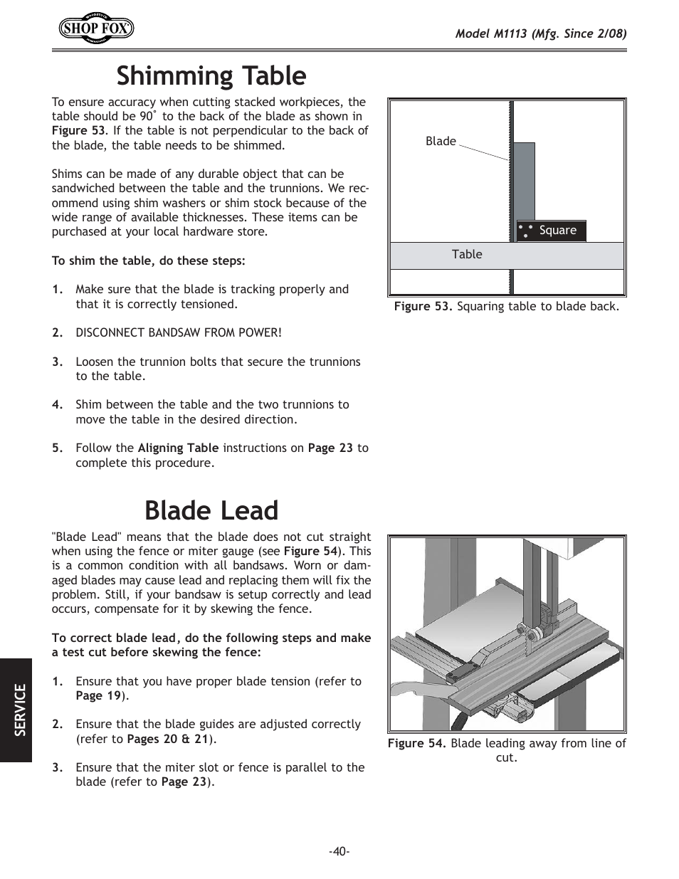 Shimming.table, Blade.lead | Woodstock SHOP FOX M1113 User Manual | Page 42 / 60