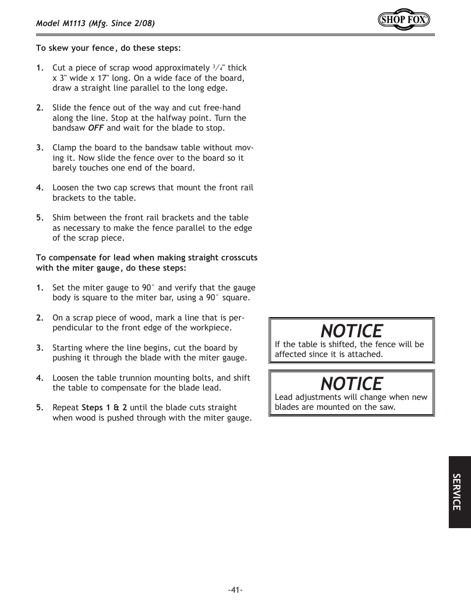 Notice | Woodstock SHOP FOX M1113 User Manual | Page 43 / 60