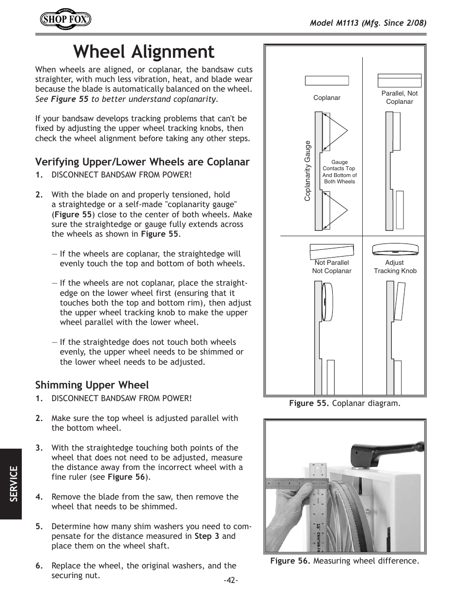 Wheel.alignment, Verifying.upper/lower.wheels.are.coplanar, Shimming.upper.wheel | Woodstock SHOP FOX M1113 User Manual | Page 44 / 60