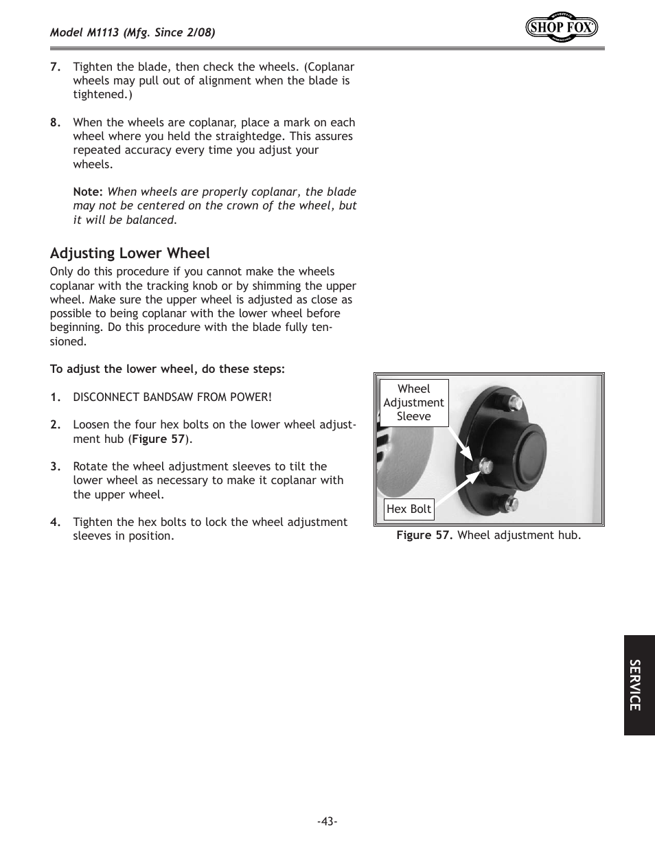 Adjusting.lower.wheel | Woodstock SHOP FOX M1113 User Manual | Page 45 / 60