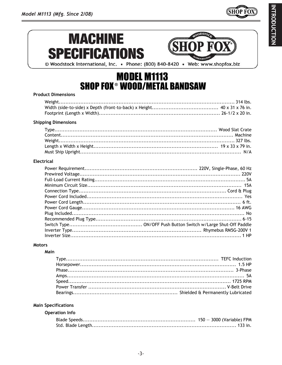 Model m1113, Shop fox, Wood/metal bandsaw | Woodstock SHOP FOX M1113 User Manual | Page 5 / 60