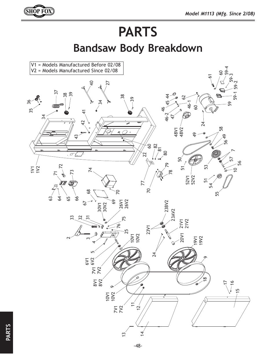 Parts, Bandsaw.body.breakdown, Pa rt s | Woodstock SHOP FOX M1113 User Manual | Page 50 / 60