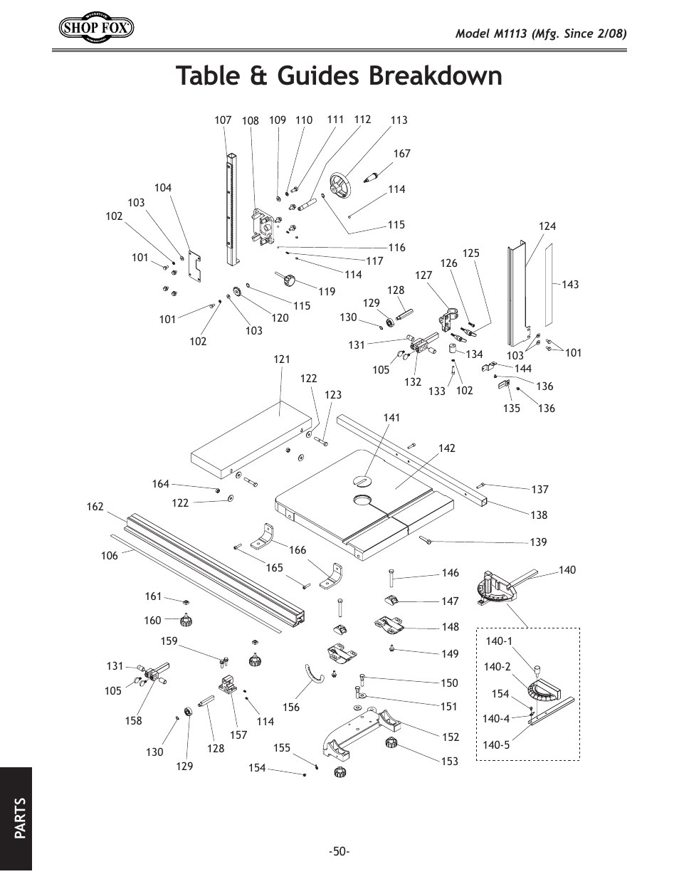 Table.&.guides.breakdown, Pa rt s | Woodstock SHOP FOX M1113 User Manual | Page 52 / 60