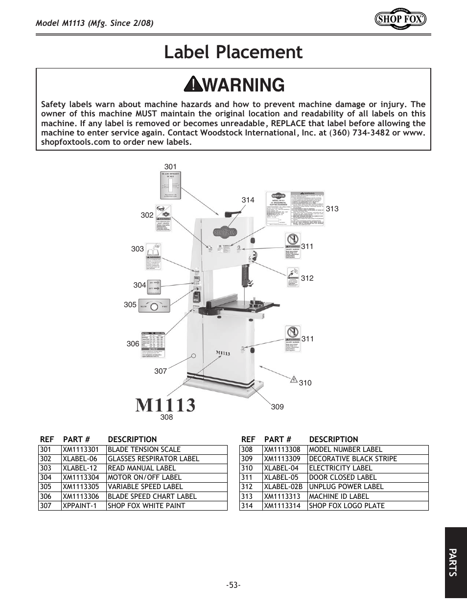 Label.placement, Pa rt s | Woodstock SHOP FOX M1113 User Manual | Page 55 / 60