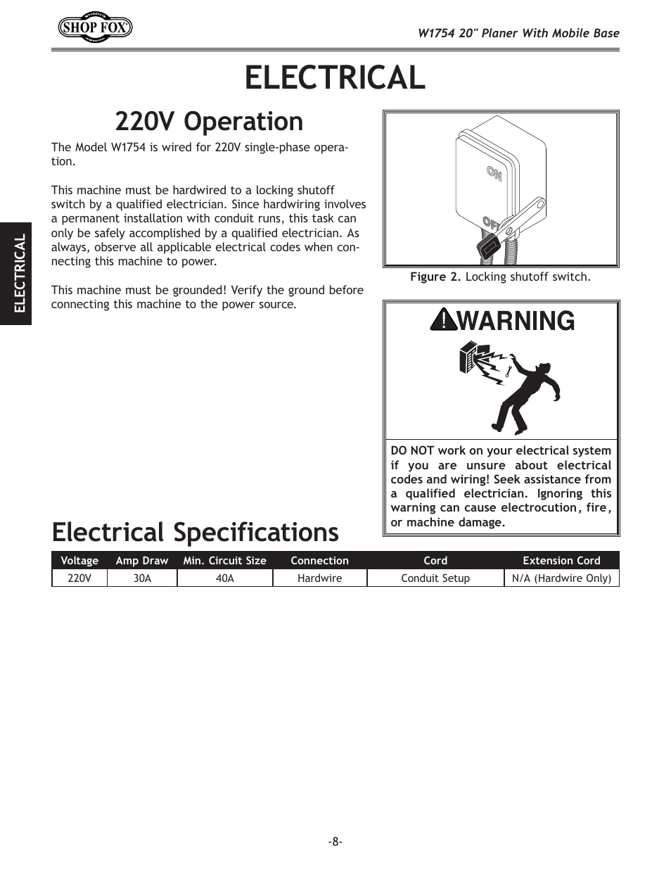 Electrical, 220v operation, Electrical specifications | Woodstock SHOP FOX W1754 User Manual | Page 10 / 60